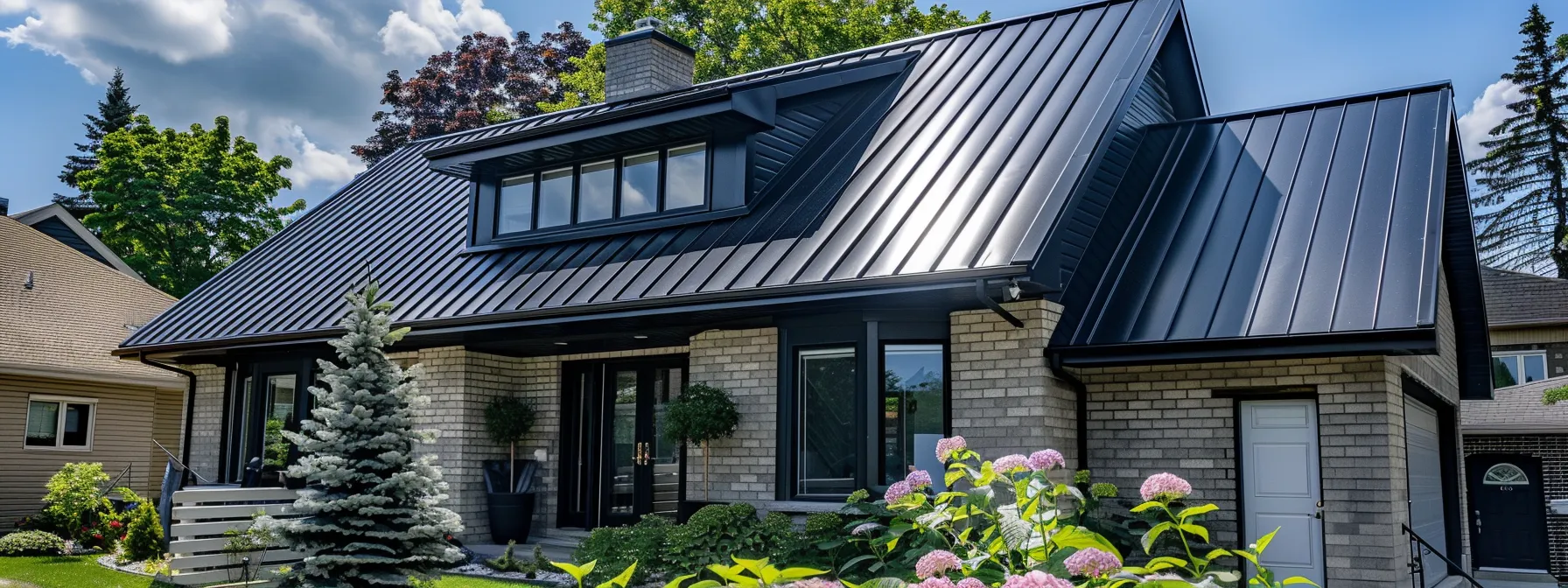 a newly installed metal roof glistening in the sunlight on a charming residential home in ottawa.