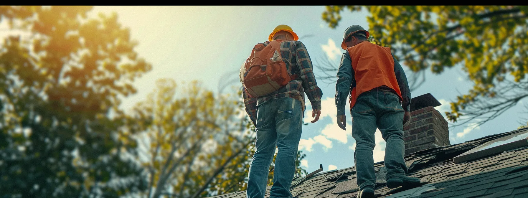 a team of roofers conducting a thorough inspection of a roof, discussing plans with the homeowner.