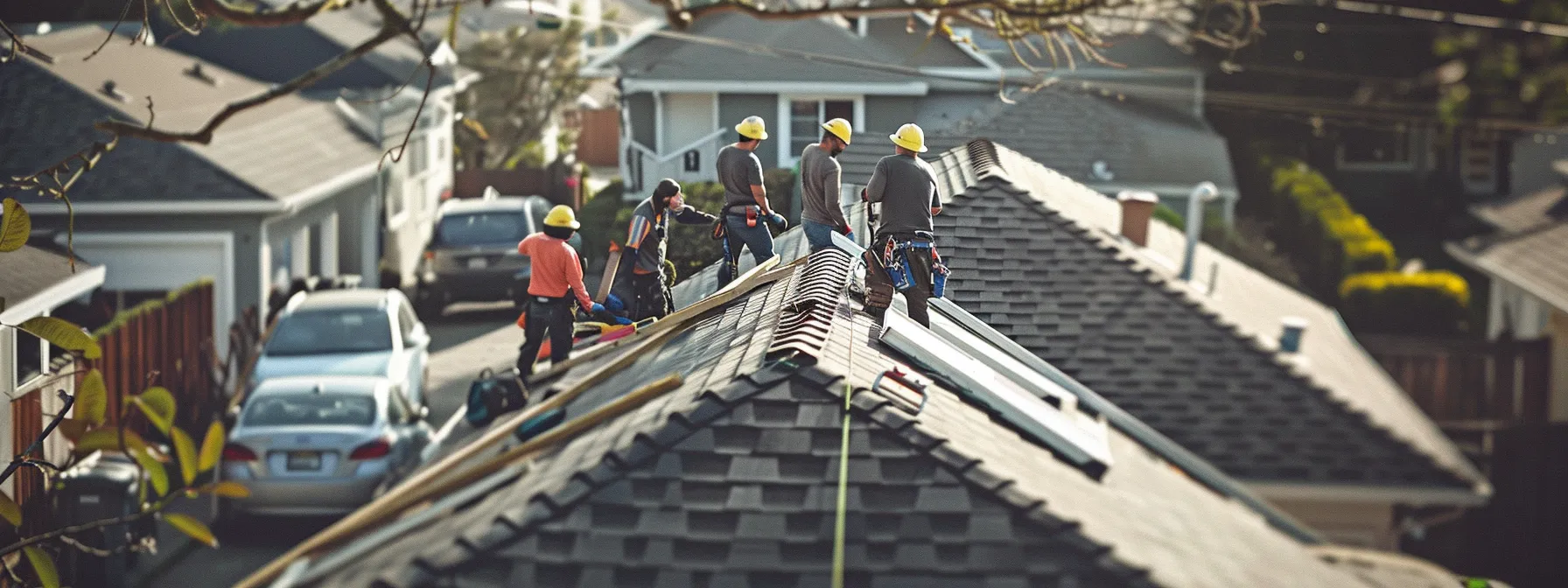 a group of roofers working on a project with safety equipment and tools scattered around them.