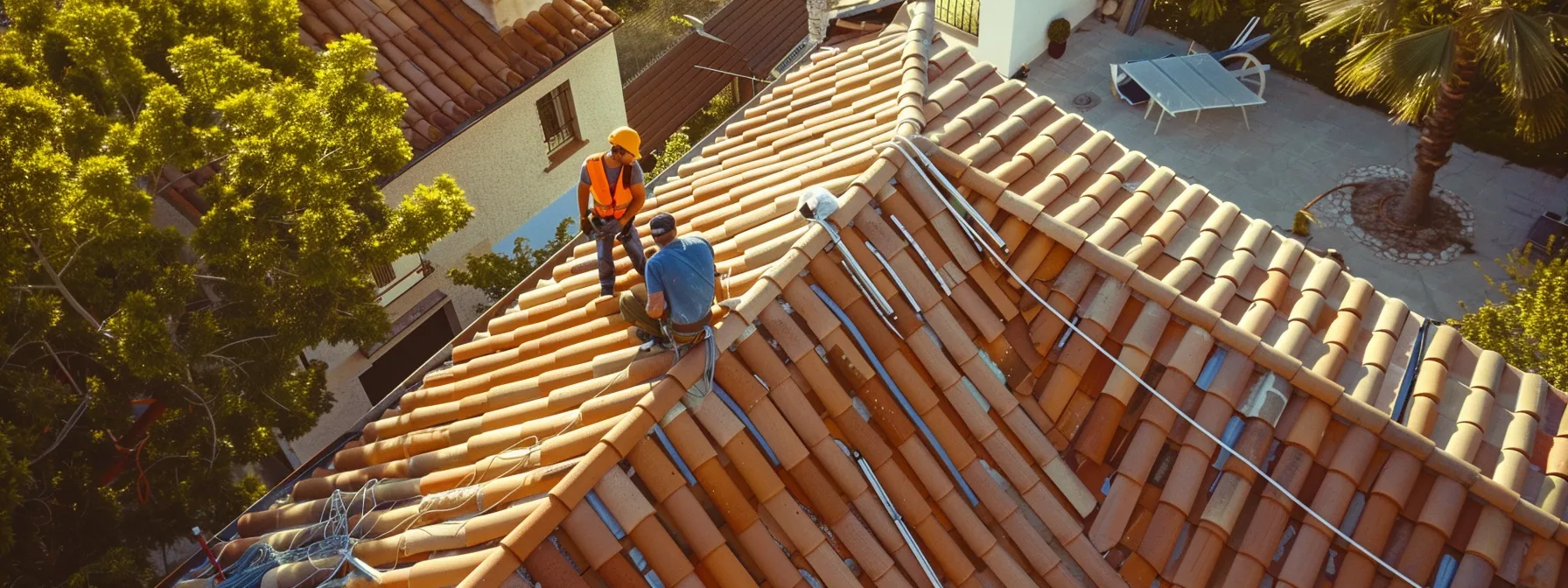 a team of roofers working on a residential roof with high-quality tile and slate options.