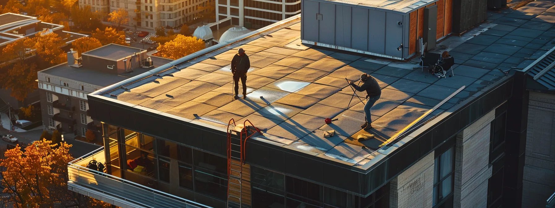 a team of roofers working on a modern rooftop in the heart of ottawa.