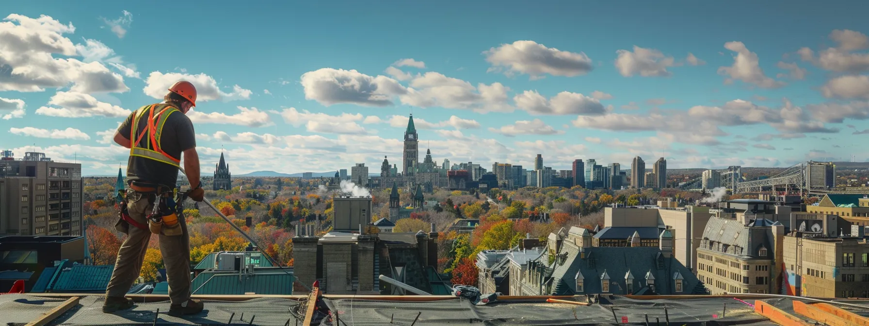 a local ottawa roofing contractor working on a commercial roof with the ottawa skyline in the background.