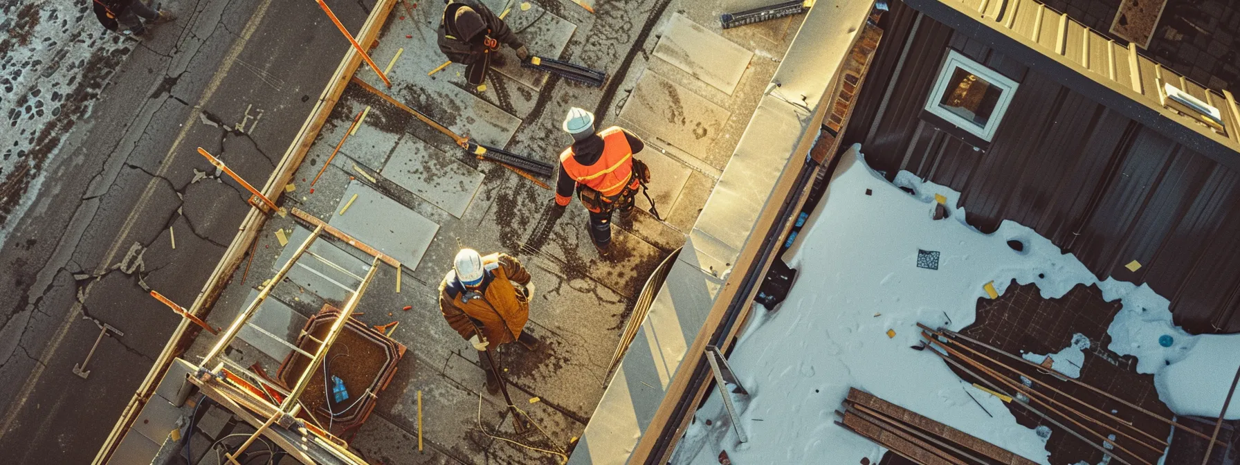 a team of roofers working together on a commercial roofing project in ottawa, using innovative techniques and high-grade materials to ensure excellence.