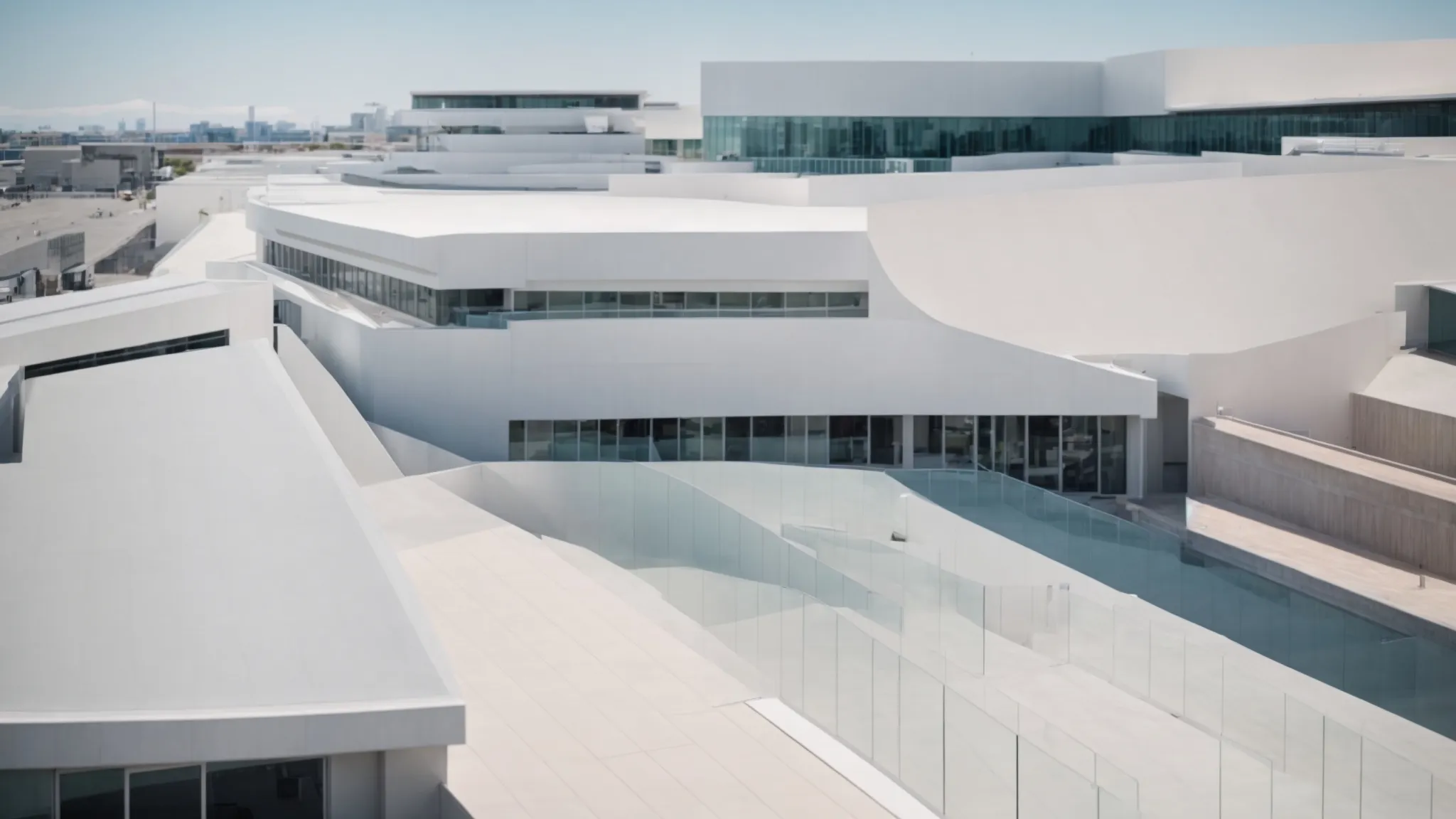 a wide-angle view of a modern commercial building with a newly installed, sleek rooftop under a clear sky.