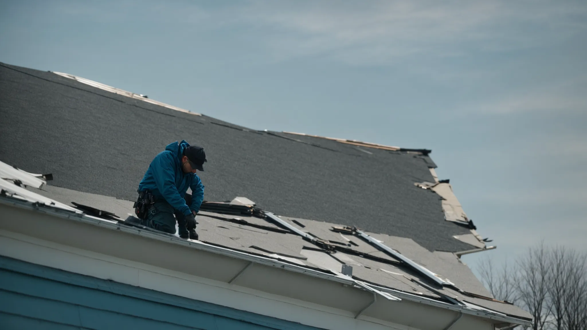 a worker from alpha roofing inspects a roof for damage under a clear sky in ottawa. 